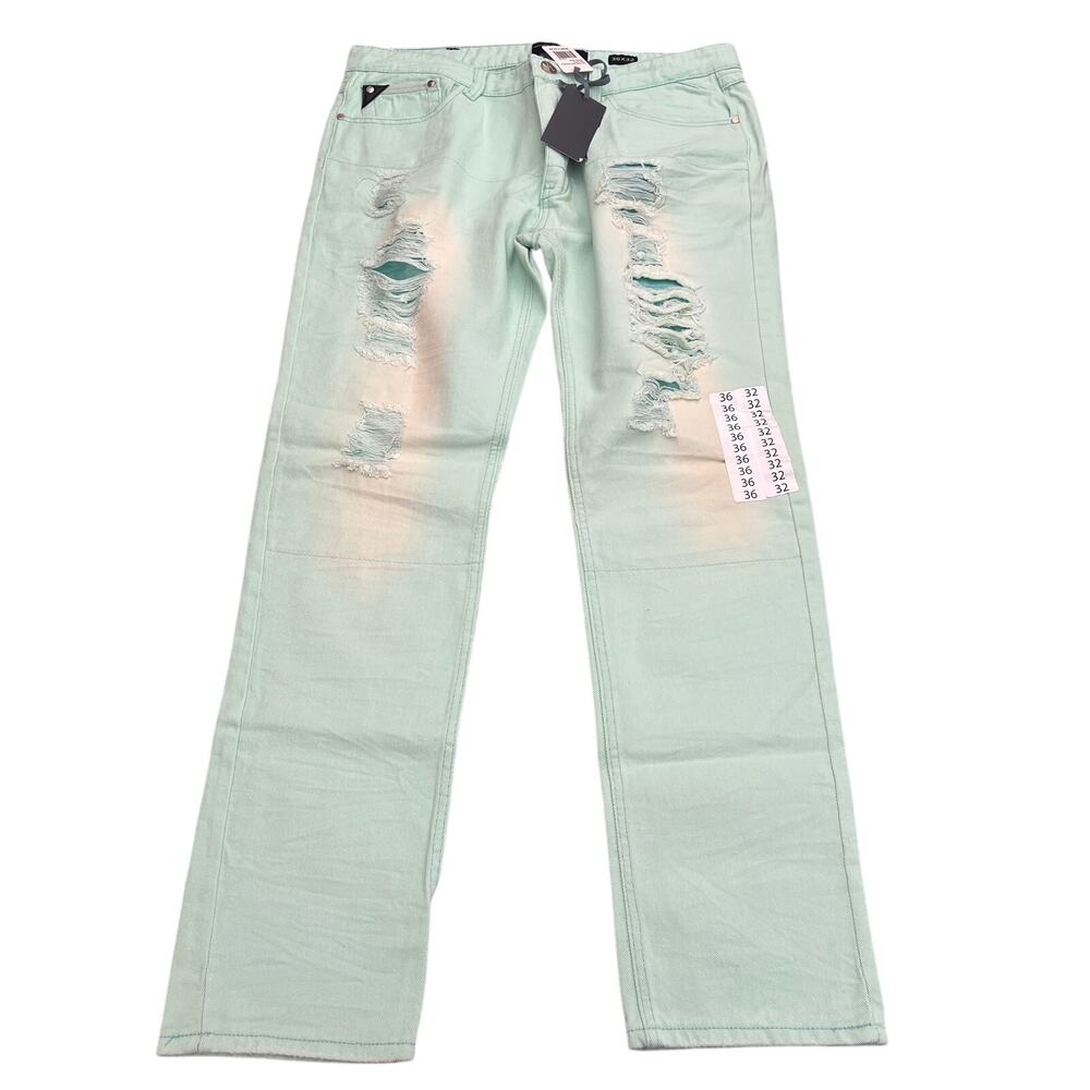 Seven Souls Mens Green Distressed Straight Leg Jeans Size W36 L32